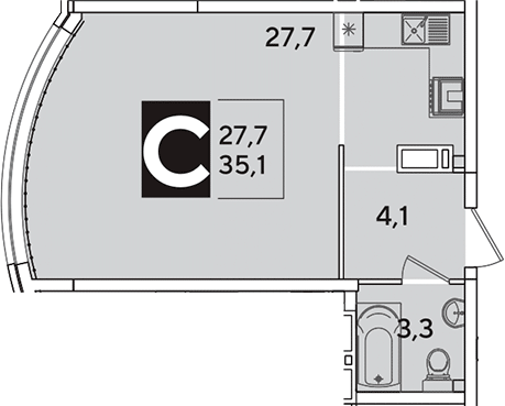Студия, 35.1 м², 13/16 этаж, ЖК «Самолет»