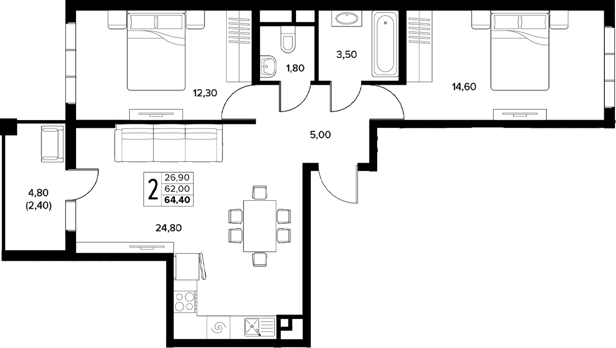 2-комн., 62 м², 3/6 этаж, ЖК «Кипарис»