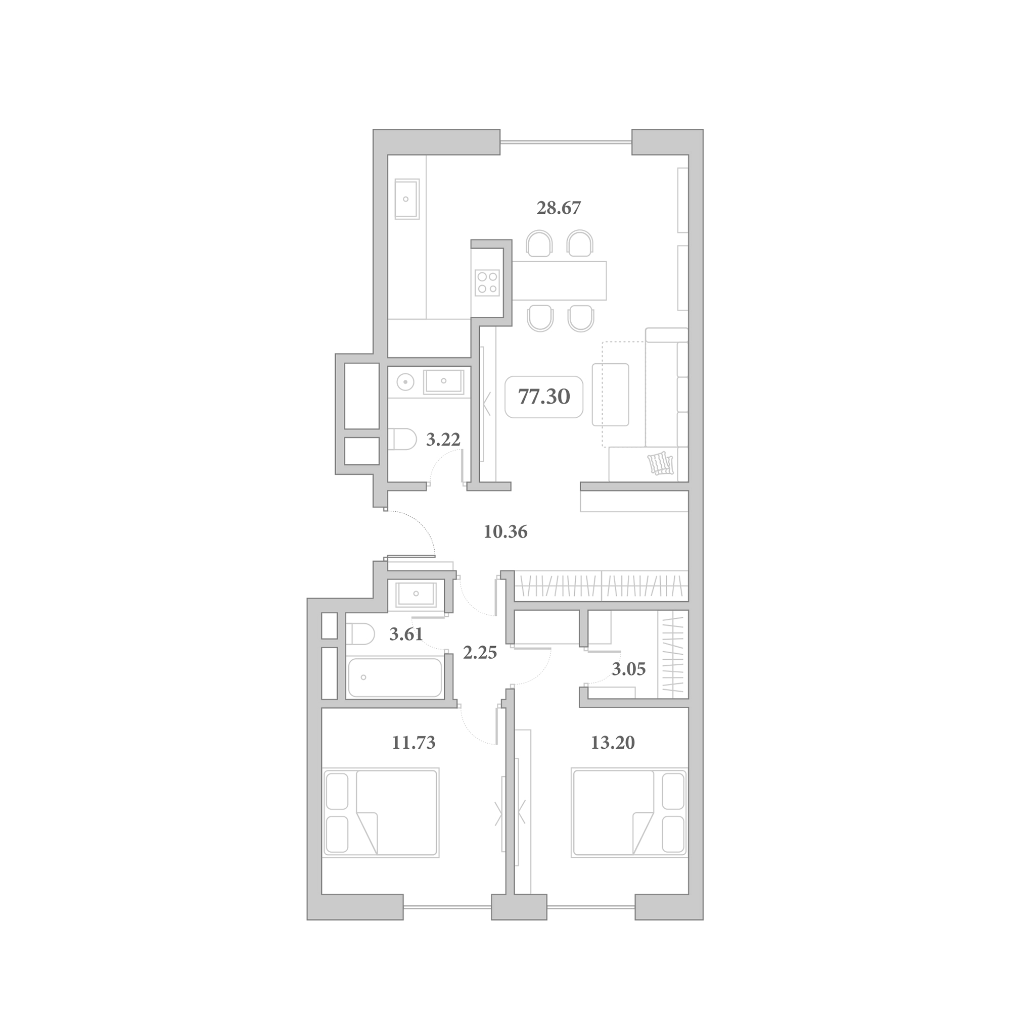 3-комн., 77.3 м², 7/7 этаж, ЖК «Граф Толстой»