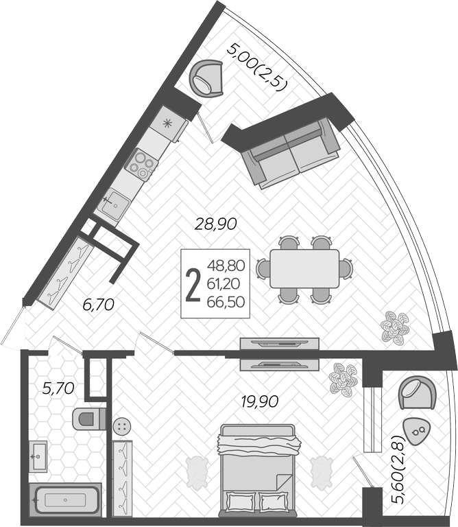 2-комн., 61.2 м², 13/16 этаж, ЖК «Зеленодар»