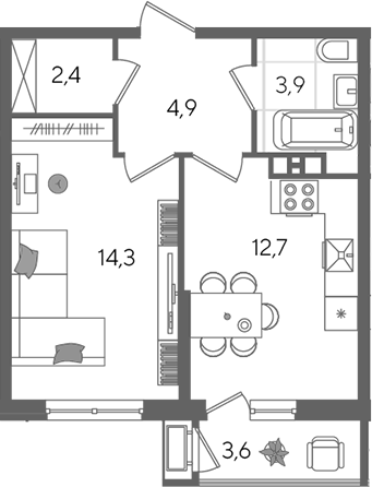 1-комн., 38.2 м², 3/24 этаж, ЖК «Рекорд»