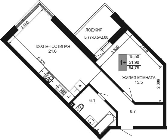2-комн., 51.87 м², 1/12 этаж, ЖК «Сегодня»