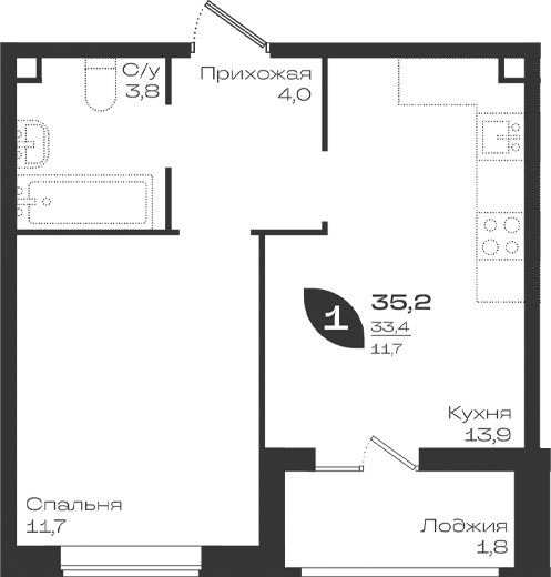 1-комн., 33.4 м², 2/9 этаж, ЖК «Ботаника»