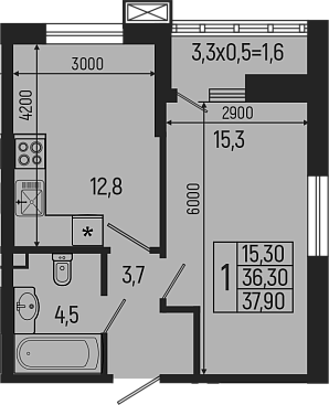 1-комн., 36.3 м², 2/9 этаж, ЖК «Звезды»