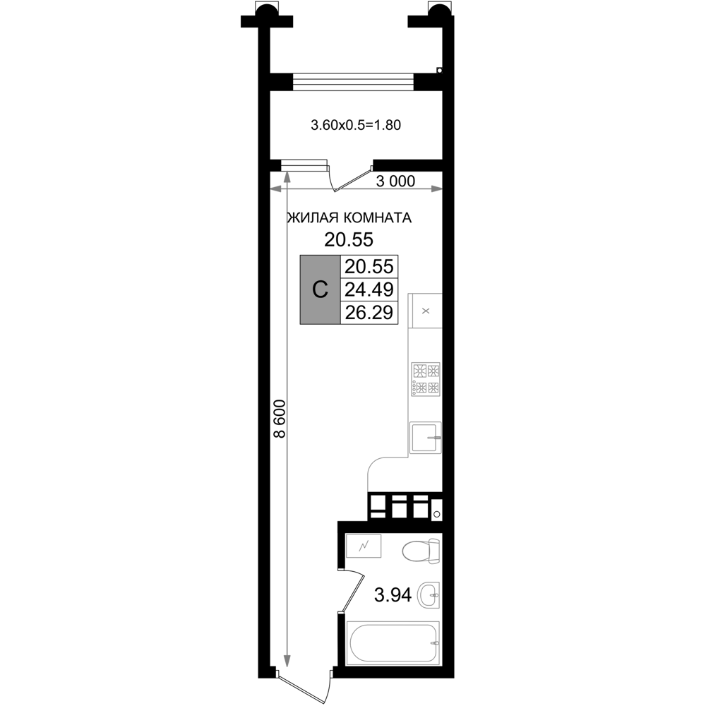 Студия, 24.49 м², 5/8 этаж, ЖК «Резиденция морей»