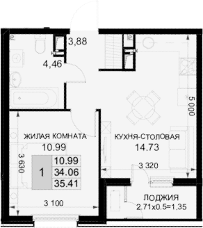 1-комн., 34.06 м², 18/18 этаж, ЖК «Фонтаны»