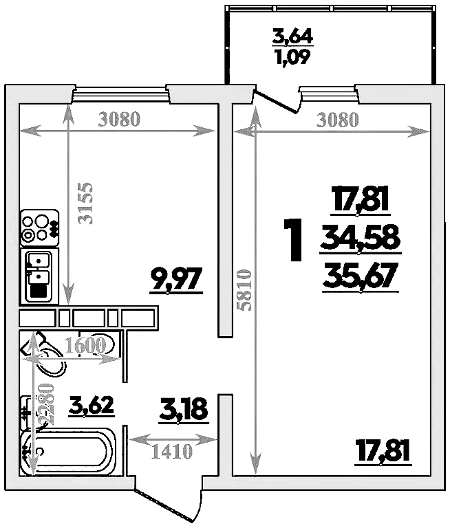 1-комн., 34.58 м², 9/9 этаж, ЖК «Романовский»