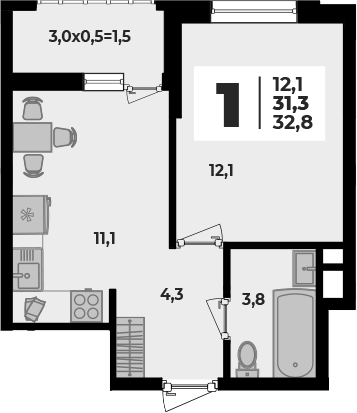 1-комн., 31.3 м², 1/8 этаж, ЖК «Родной дом 5»