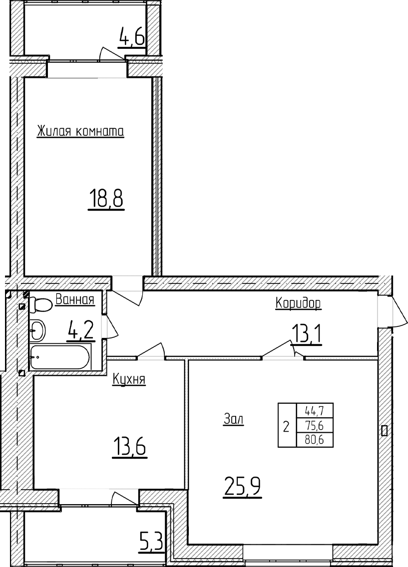 2-комн., 75.65 м², 4/5 этаж, ЖК «Фестивальный»