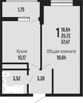 1-комн., 35.72 м², 22/24 этаж, ЖК «Славянка»