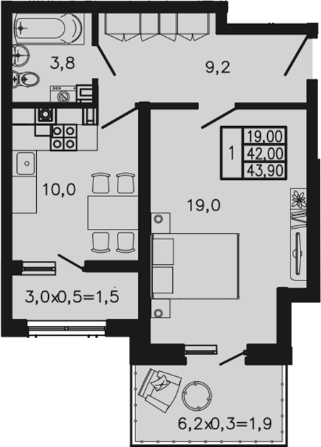 1-комн., 40.5 м², 1/4 этаж, ЖК «Экосфера»