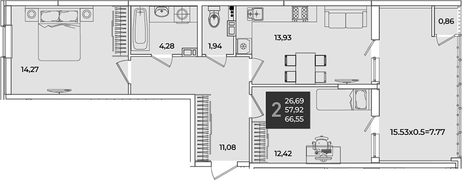 2-комн., 58.78 м², 8/18 этаж, ЖК «Образцово»