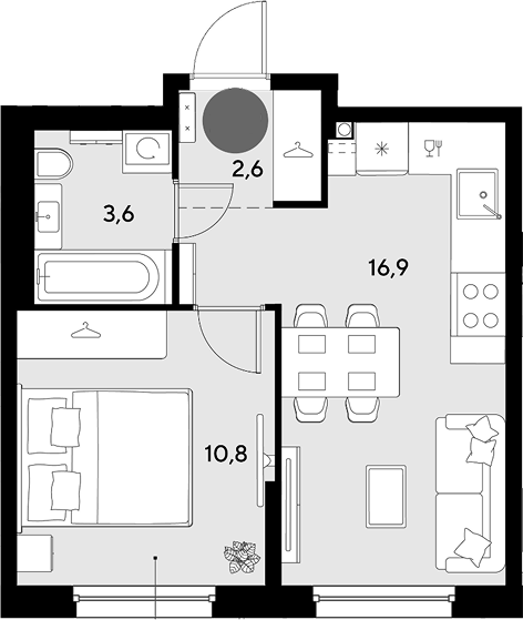 2-комн., 33.9 м², 2/9 этаж, ЖК «Грейд»