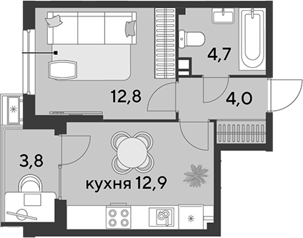 1-комн., 34.4 м², 2/18 этаж, ЖК «Парк Победы»