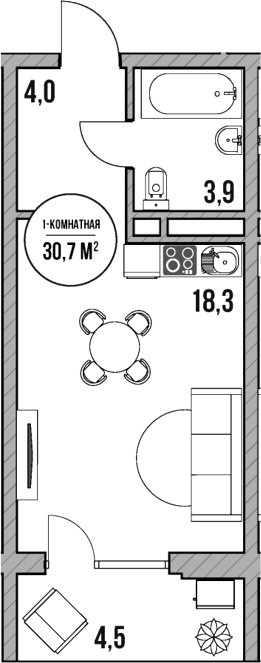 Студия, 26.2 м², 4/5 этаж, ЖК «МореТут»