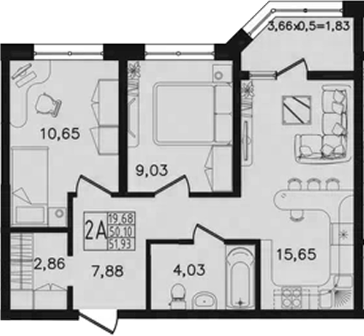3-комн., 50.1 м², 9/14 этаж, ЖК «Яблоневый»