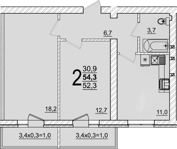 2-комн., 52.3 м², 1/5 этаж, ЖК «Дарград»