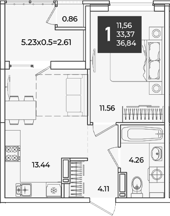 1-комн., 33.37 м², 15/18 этаж, ЖК «Образцово»
