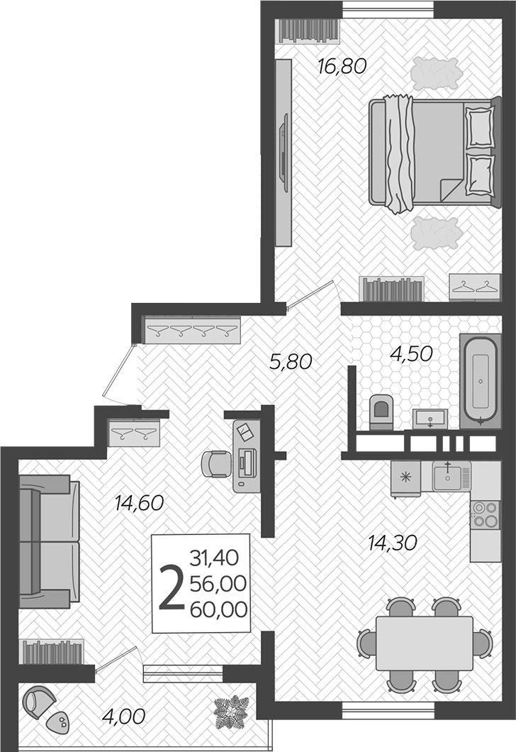 2-комн., 56 м², 4/16 этаж, ЖК «Горный квартал»