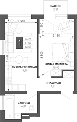 1-комн., 37.71 м², 8/18 этаж, ЖК «Иначе в Молодежном»