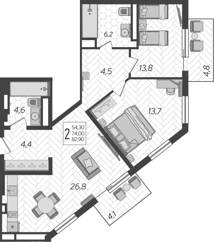 2-комн., 74 м², 8/9 этаж, ЖК «LeePrime Residences Polyana Sochi»
