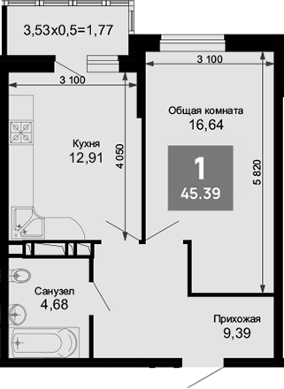 1-комн., 44.09 м², 4/15 этаж, ЖК «Лучший»