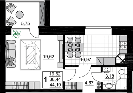 1-комн., 38.44 м², 3/5 этаж, ЖК «Символ. СЗ Тихорецкгазстрой»