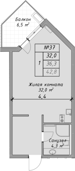 Студия, 36.3 м², 3/4 этаж, ЖК «Оазис Азова»