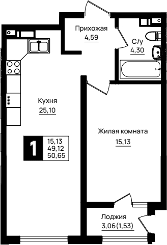 Продается 1-комн. квартира, 49.12 м²
