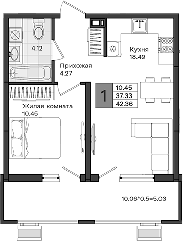 1-комн., 37.33 м², 3/8 этаж, ЖК «МОНО квартал»