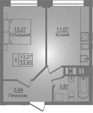 1-комн., 33.85 м², 1/9 этаж, ЖК «Портрет»
