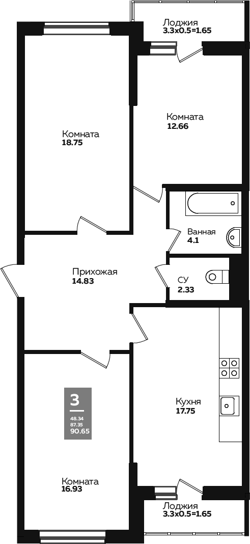 3-комн., 84.07 м², 2/24 этаж, ЖК «Левада»