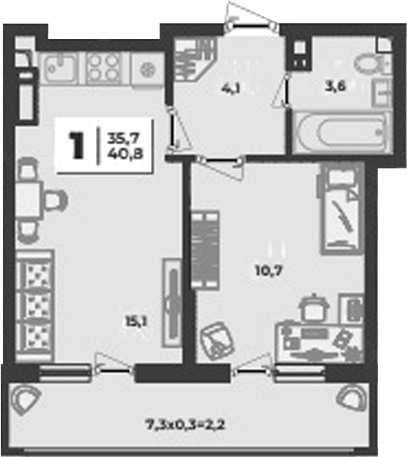 1-комн., 33.5 м², 3/9 этаж, ЖК «Лето»