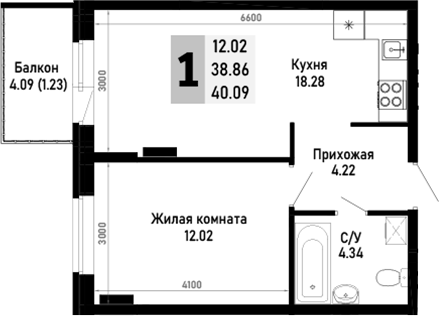 1-комн., 38.86 м², 2/4 этаж, ЖК «Усадьба Гостагаевская»
