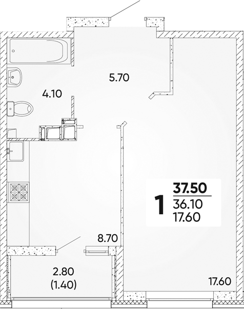 1-комн., 36.1 м², 6/18 этаж, ЖК «Архитектор. ГК ЮгСтройИнвест»