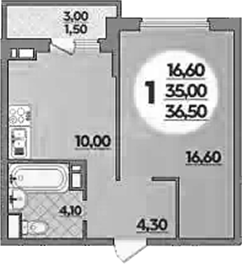 1-комн., 35 м², 6/18 этаж, ЖК «Парк у дома»
