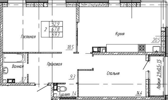 2-комн., 67.8 м², 9/9 этаж, ЖК «Архитектор. ГК ЮгСтройИнвест»