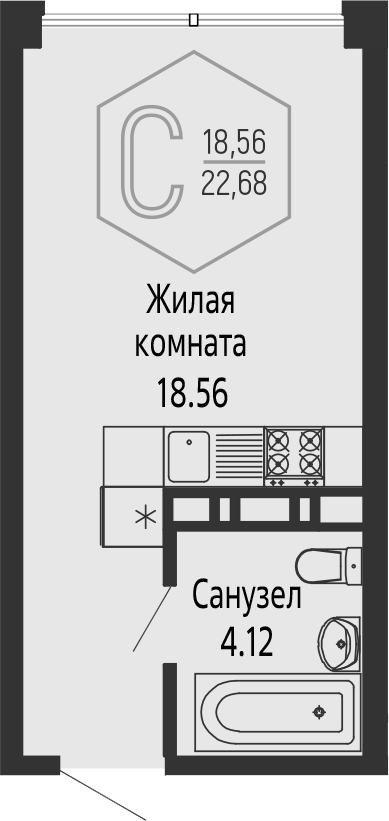 Студия, 22.68 м², 15/16 этаж, ЖК «Гарантия PRIME»