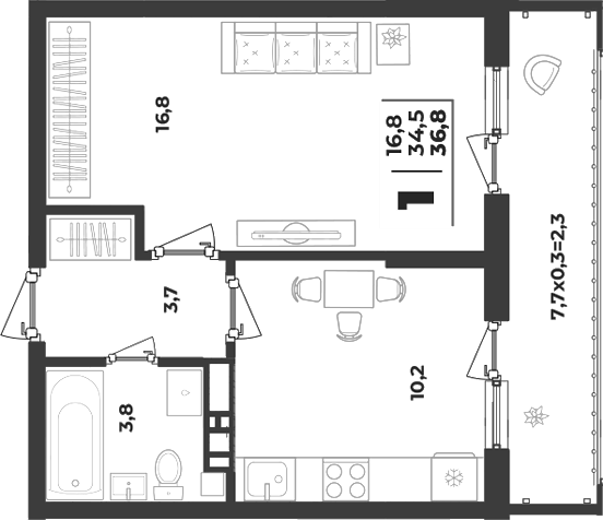 1-комн., 34.5 м², 9/9 этаж, ЖК «Лето»