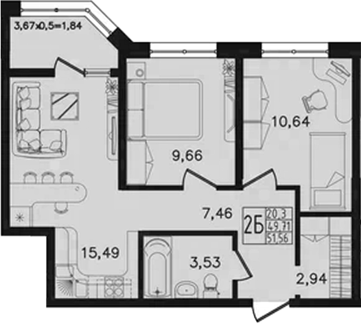 3-комн., 49.72 м², 6/14 этаж, ЖК «Яблоневый»