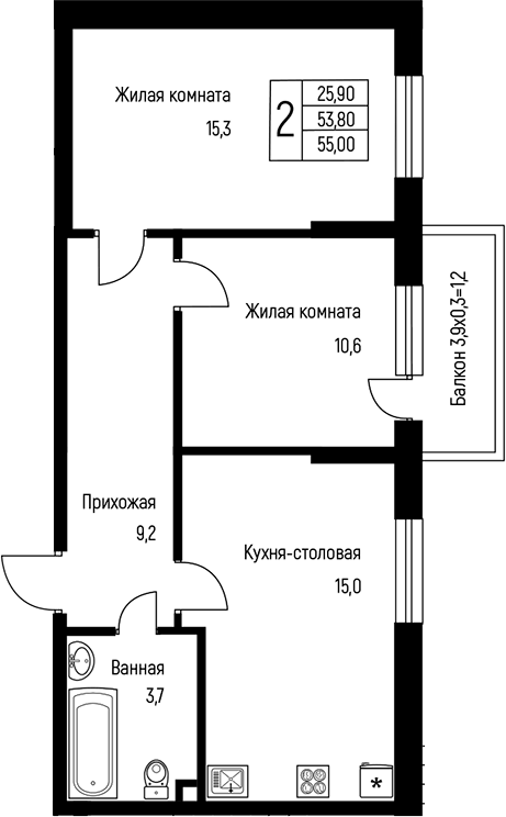 2-комн., 53.8 м², 1/3 этаж, ЖК «Nova Vita»
