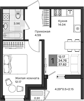 1-комн., 34.76 м², 5/8 этаж, ЖК «МОНО квартал»