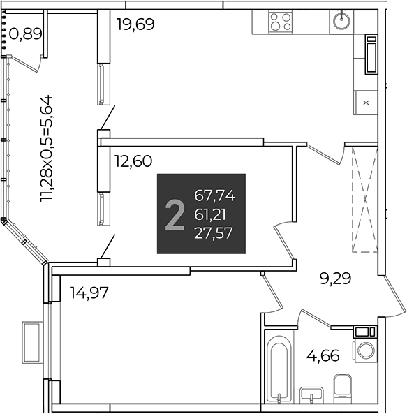 2-комн., 61.21 м², 7/21 этаж, ЖК «Образцово»