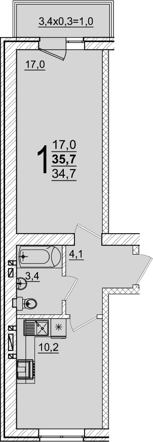 1-комн., 34.7 м², 4/5 этаж, ЖК «Дарград»