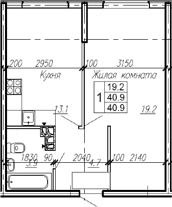 1-комн., 40.9 м², 1/4 этаж, ЖК «Эво»