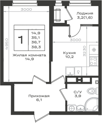 1-комн., 35.1 м², 9/12 этаж, ЖК «Нагория»