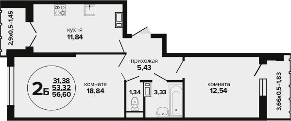 2-комн., 53.32 м², 11/24 этаж, ЖК «Гулливер»