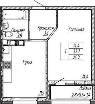 1-комн., 33.3 м², 3/18 этаж, ЖК «Архитектор. ГК ЮгСтройИнвест»