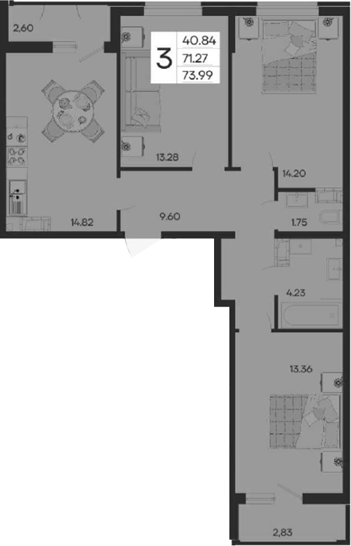 3-комн., 71.27 м², 17/18 этаж, ЖК «Дом 101»