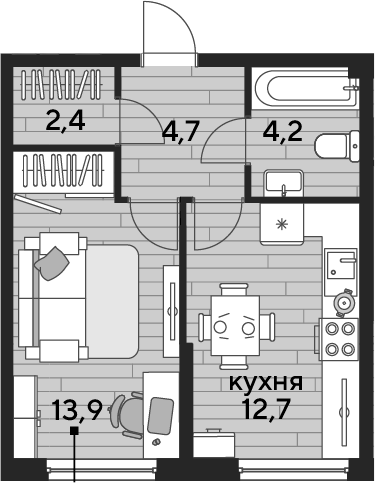 1-комн., 37.9 м², 2/16 этаж, ЖК «DОГМА ПАРК»